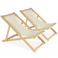 Lot de 2 chaises longues pliantes en bois toile écrue