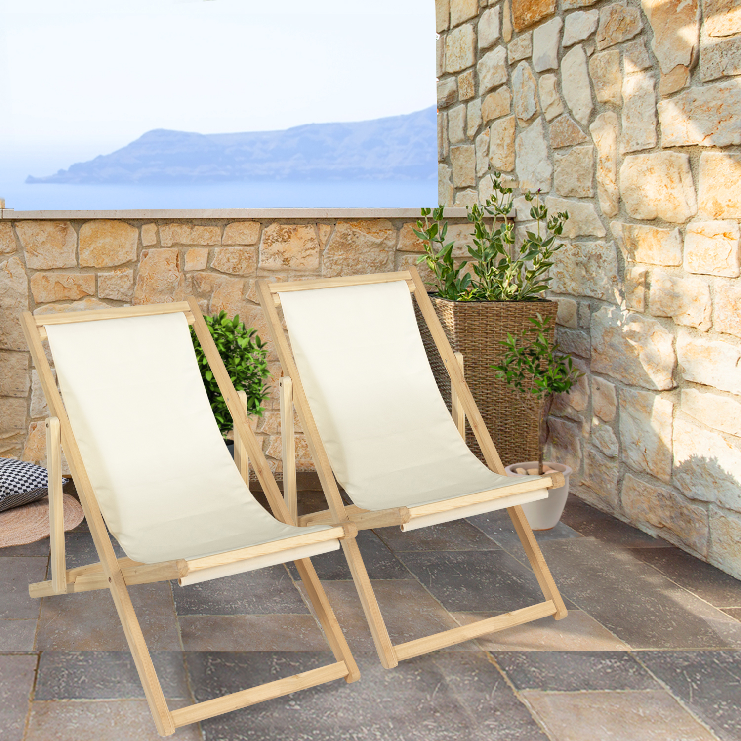 Chaises longues pliantes pas cher bois et toile écrue  Lot de 2  ID