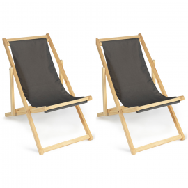 Lot de 2 chaises longues pliantes en bois avec toile gris anthracite