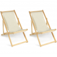 Lot de 2 chaises longues pliantes en bois toile écrue