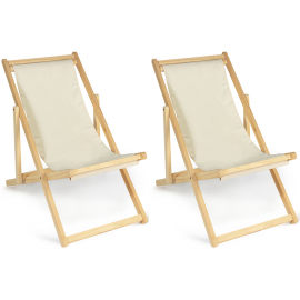 Lot de 2 chaises longues pliantes en bois toile écrue