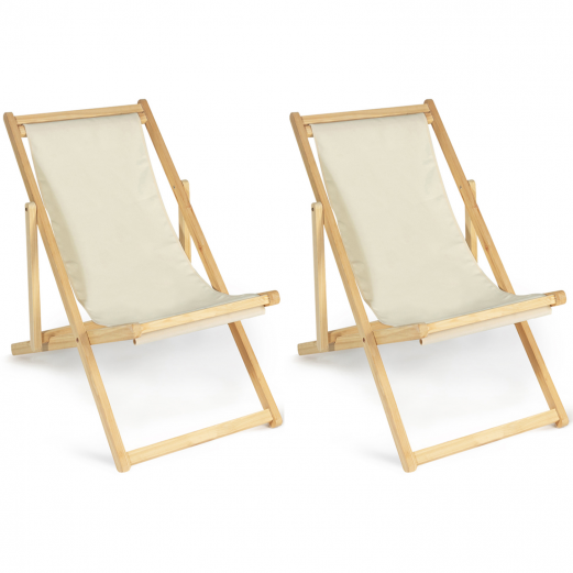 Lot de 2 chaises longues pliantes en bois toile écrue