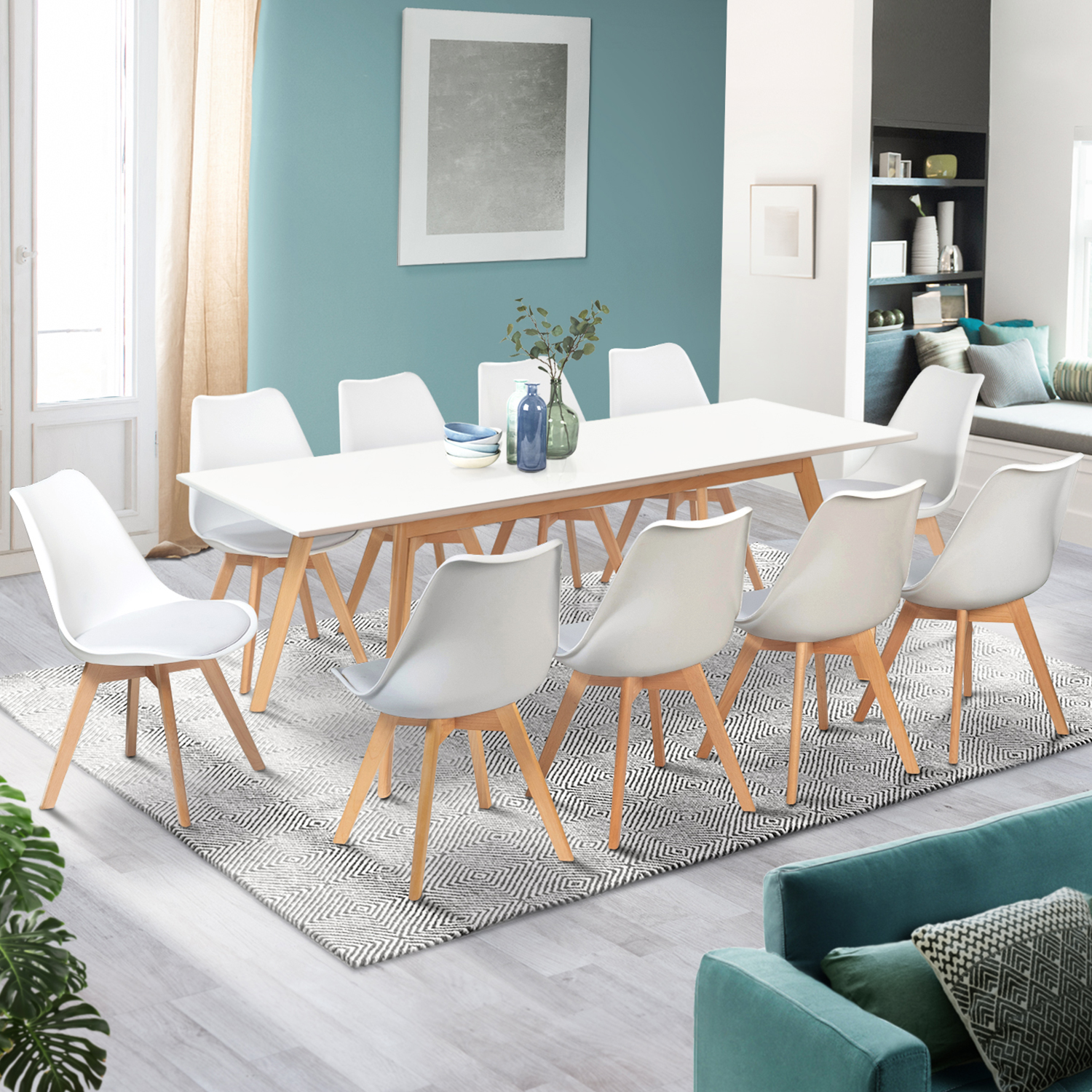 Table à manger extensible Brixton 160-200cm pieds blanc + 6 chaises Suedia  blanches