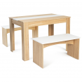 Ensemble table à manger 110 cm et 2 bancs ROZY 4 personnes hêtre et blanc
