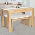 Ensemble table à manger 110 cm et 2 bancs ROZY 4 personnes hêtre et blanc