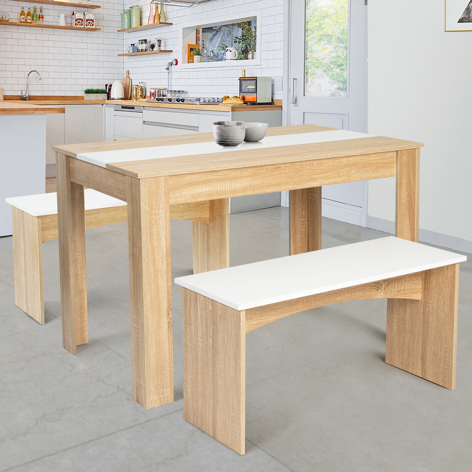 Table à manger avec bancs pas cher imitation hêtre et blanc ID Market