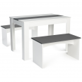 Ensemble table à manger 110 cm et 2 bancs ROZY 4 personnes blanc et gris