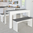 Ensemble table à manger 110 cm et 2 bancs ROZY 4 personnes blanc et gris