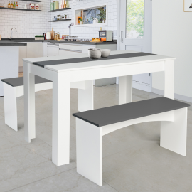 Ensemble table à manger 110 cm et 2 bancs ROZY 4 personnes blanc et gris