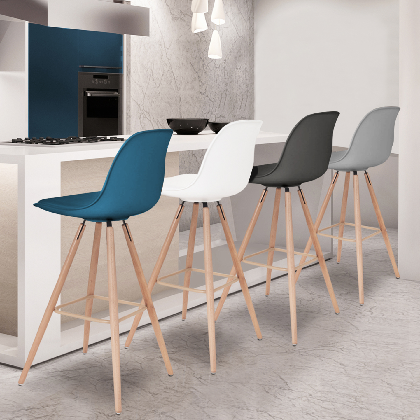 Tabourets de bar gris foncé, gris clair, blanc et bleu canard ...