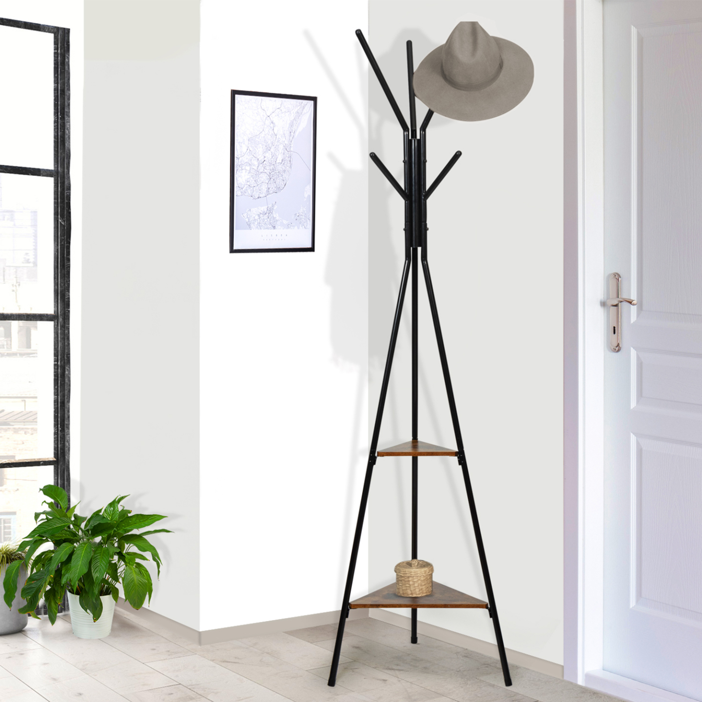 Vestiaire D'Entrée PEDRO 79 Cm – Design Industriel Bois Et Métal Blanc – 8 Patères, Banquette, Étagère Chaussures Et Penderie