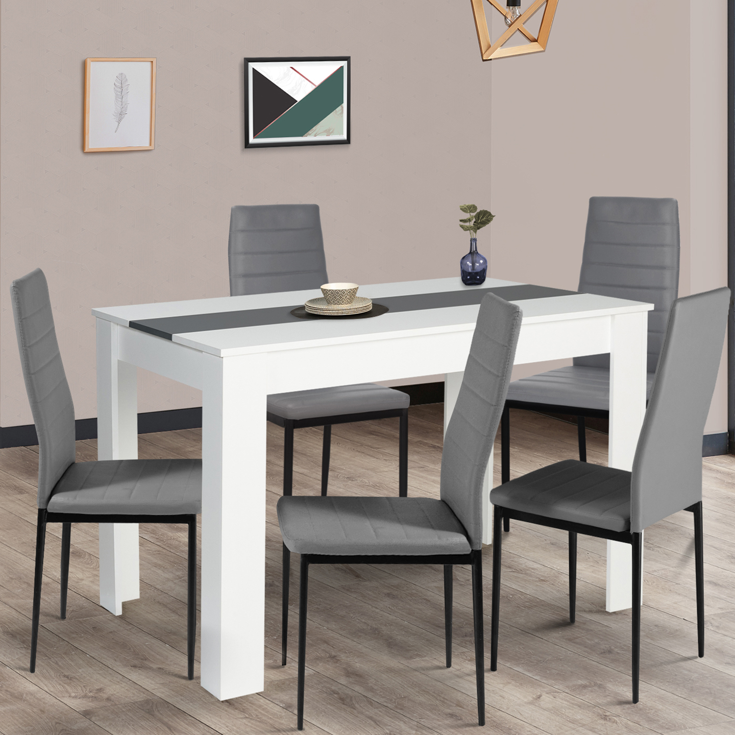 en. casa Table à manger avec 4 chaises noir/gris 120x60 TABLE de CUISINE salle à manger table 