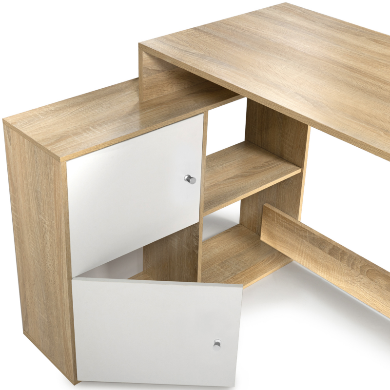 Bureau blanc et bois façon hêtre avec rangements - DAN