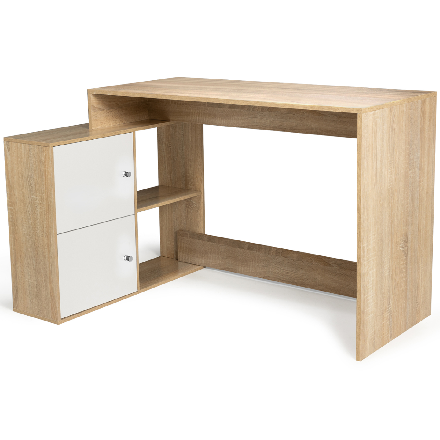 IDMarket JOY Scrivania Angolare Girevole A 180° Con Scaffale A S, Finitura Effetto Faggio E Bianco, Design Salvaspazio