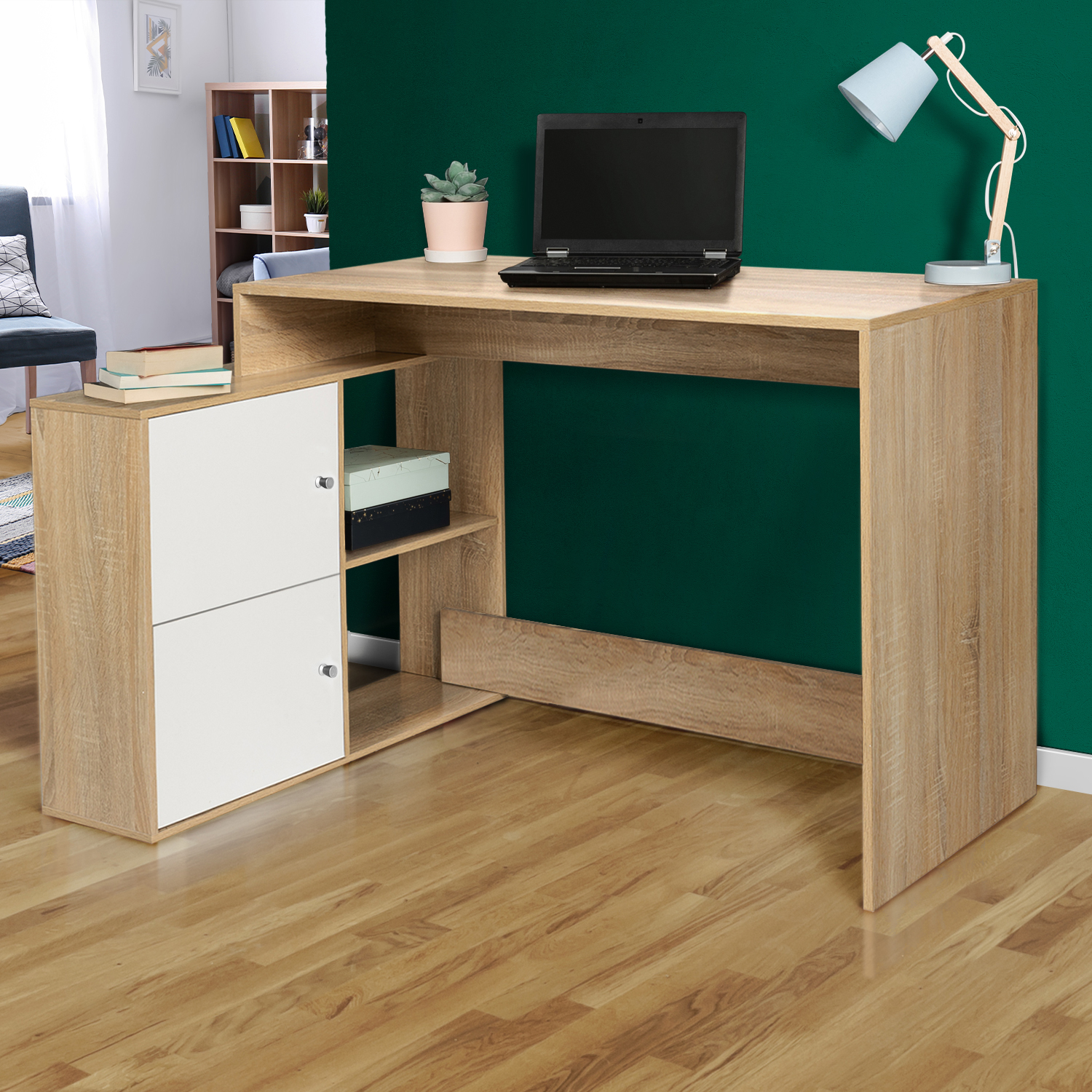 Bureau d’angle avec rangement bois imitation hêtre et blanc