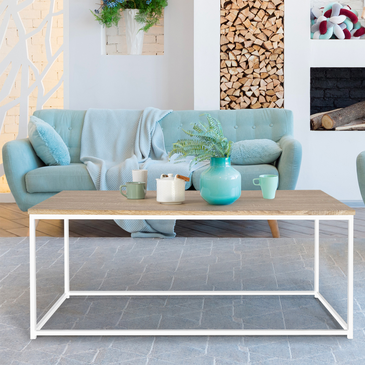 Table basse style industriel bois et métal blanc