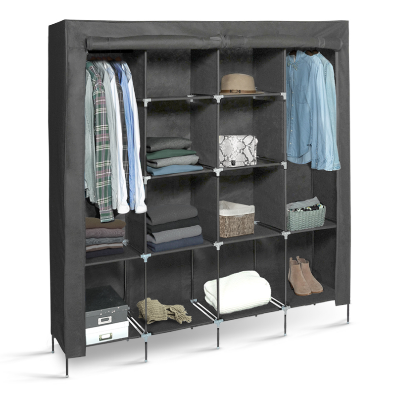 Grande Armoire De Rangement Grise Dressing Double Penderie Xxl Tissu