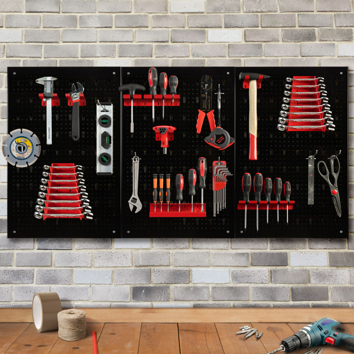 Panneau mural perforé en acier 120 x 60 cm porte-outils avec 17 accessoires Panneau mural perforé en acier 120 x 60 cm porte-outils avec 17 accessoires