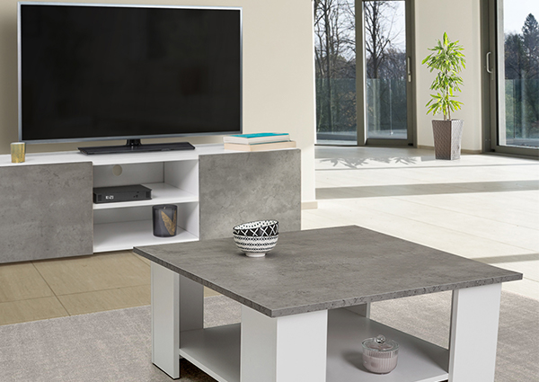 Meuble TV + Table basse blanche ELI effet béton