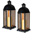 Lot de 2 lanternes solaires métal noir bougies à LED motif oriental