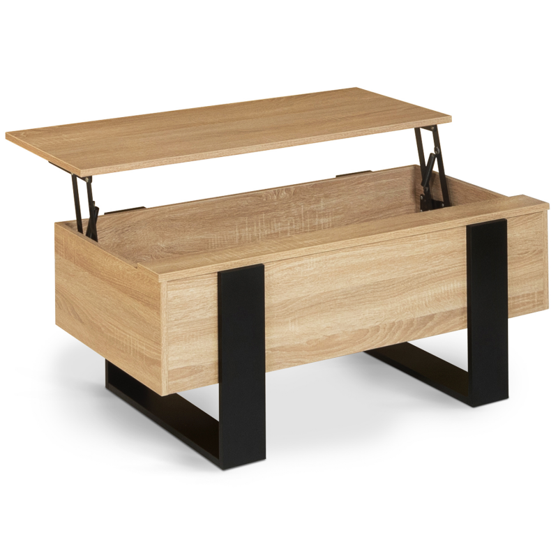 Table Basse Relevable Avec Rangement En Bois Et Pieds Noirs – Plateau Ajustable Et éclairage RGB (92 X 50 X 47,5–61 Cm)