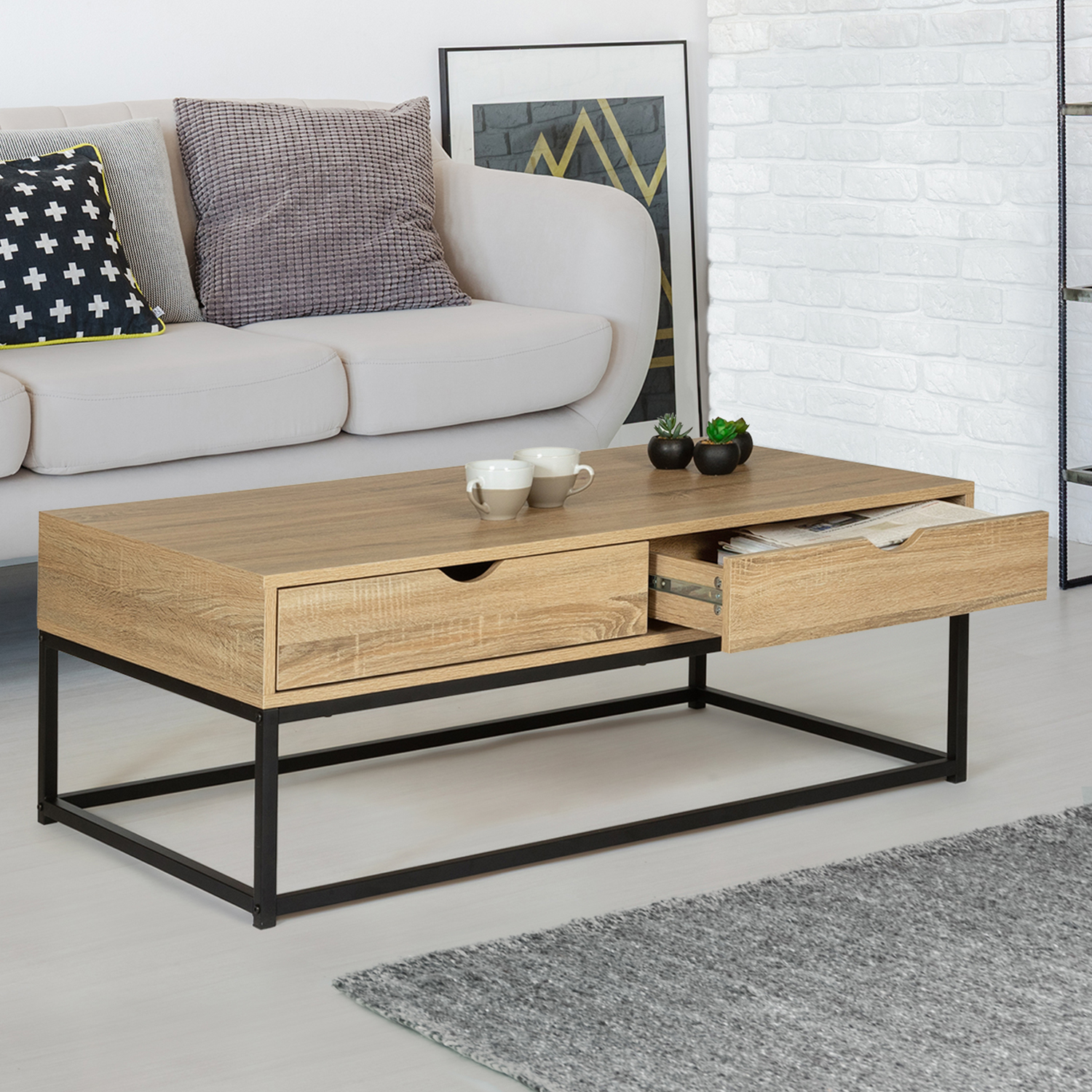 Table basse 2 tiroirs DETROIT 110 cm design industriel IDMarket