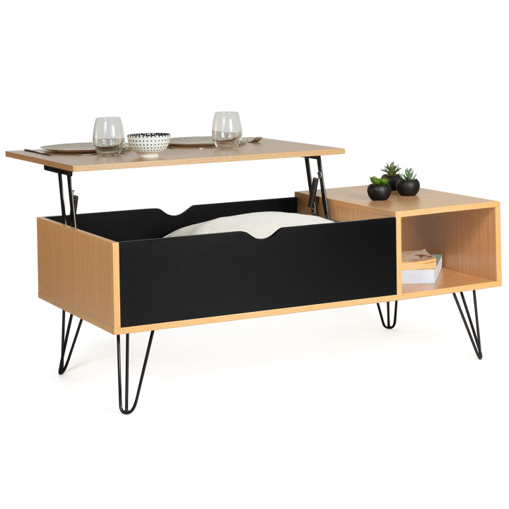 Table basse plateau relevable NOEMI bois pieds épingle Table basse plateau relevable NOEMI bois pieds épingle