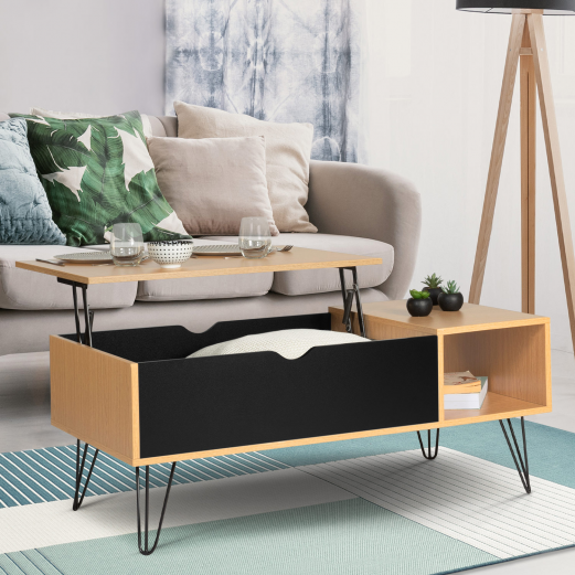 Table basse plateau relevable bois et noir avec pieds épingle - NOEMI