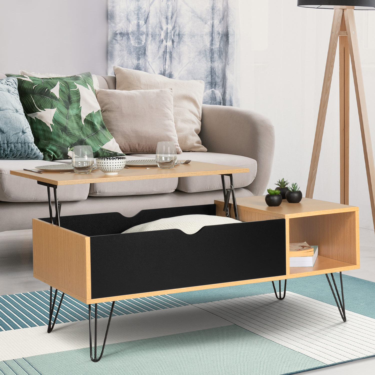 Table basse plateau relevable bois et noir avec pieds épingle