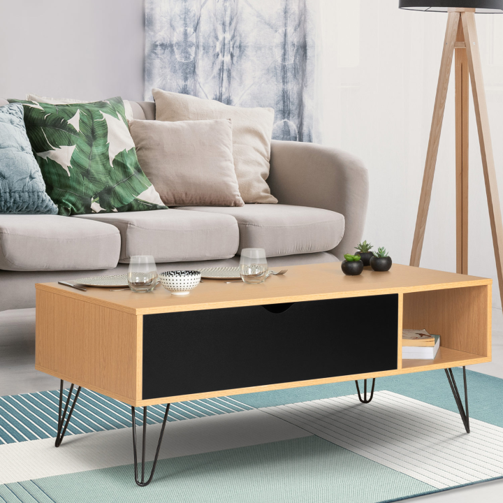 Table basse plateau relevable NOEMI bois pieds épingle Table basse plateau relevable NOEMI bois pieds épingle
