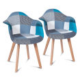 Lot de 2 fauteuils scandinaves SARA motifs patchworks bleus