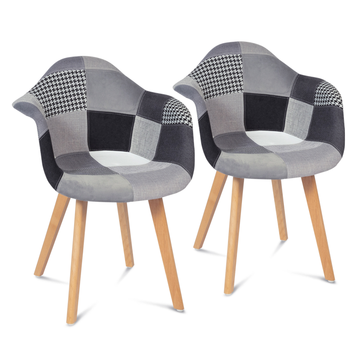 Lot de 2 fauteuils scandinaves SARA motifs patchworks noirs, gris et blancs Lot de 2 fauteuils scandinaves SARA motifs patchworks noirs, gris et blancs