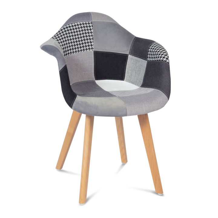 Lot de 2 fauteuils scandinaves SARA motifs patchworks noirs, gris et blancs Lot de 2 fauteuils scandinaves SARA motifs patchworks noirs, gris et blancs