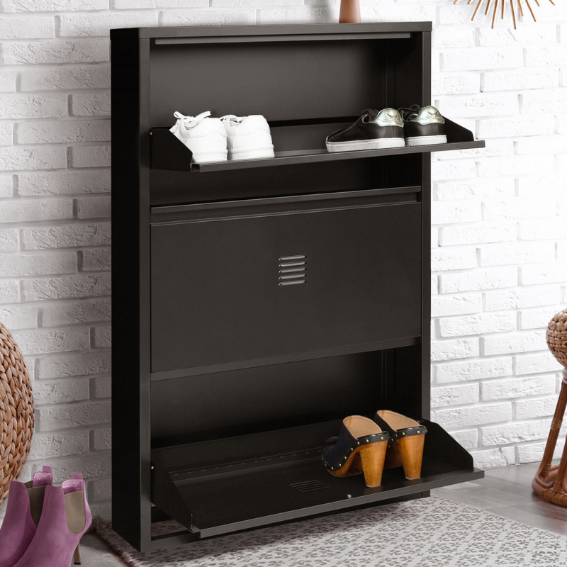 Meuble à chaussures pas cher métal noir 3 portes ESTEL ID Market