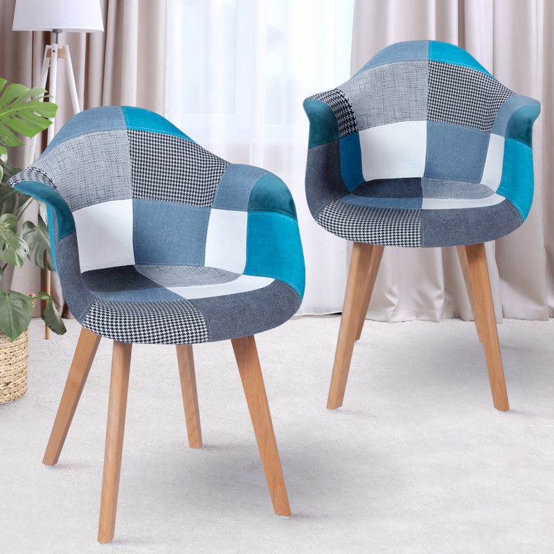 Fauteuil scandinave patchwork bleu x2 pas cher