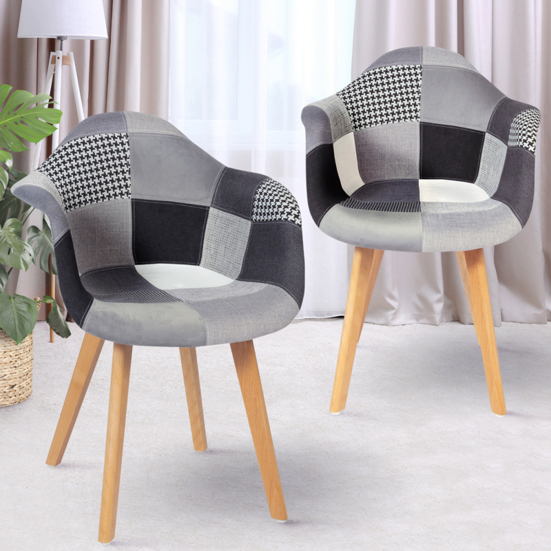 Table à manger blanche + 4 chaises à accoudoirs en tissu patchwork