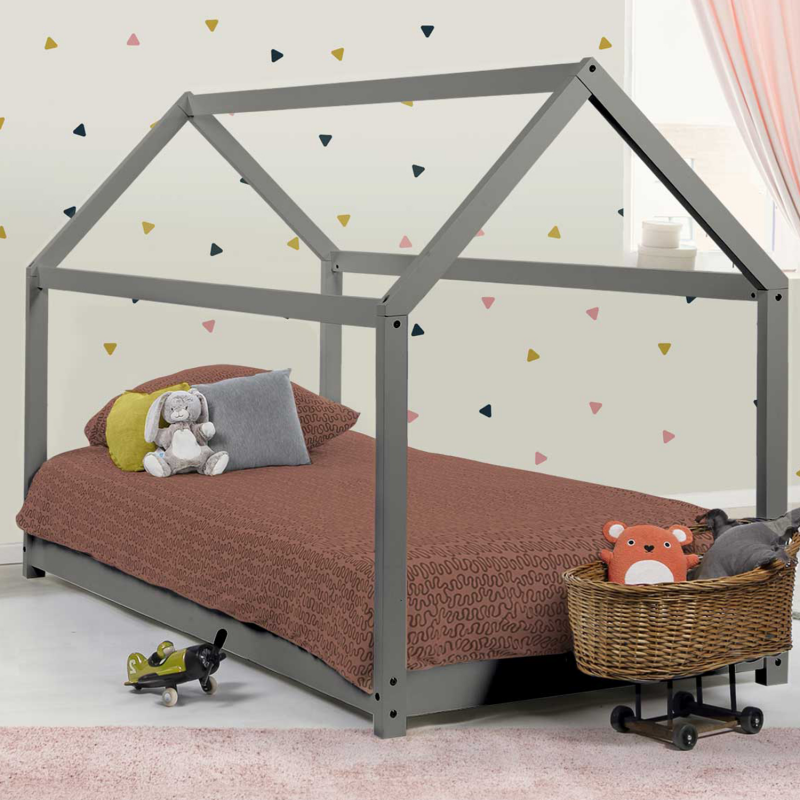 Lit cabane gris pas cher 80x160 cm pour enfant - NEREE