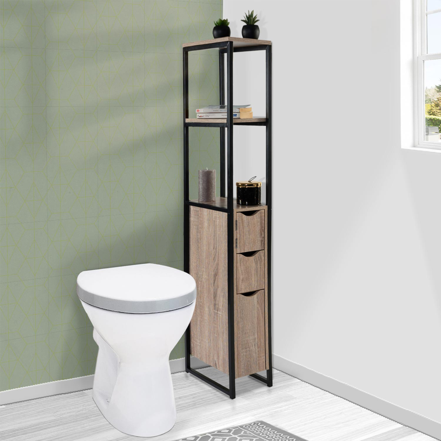 Meuble WC 3 portes design industriel avec étagères IDMarket