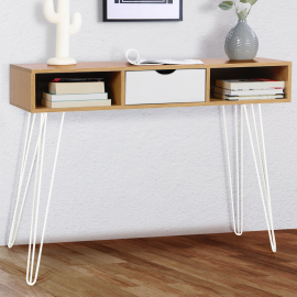 Console vintage NOEMI 1 tiroir bois pied épingle blanc Console vintage NOEMI 1 tiroir bois pied épingle blanc