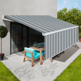 Store banne manuel 3,95 m x 3 m gris rayé blanc lambrequin enroulable H. 1,40 m Store banne manuel 3,95 m x 3 m gris rayé blanc lambrequin enroulable H. 1,40 m