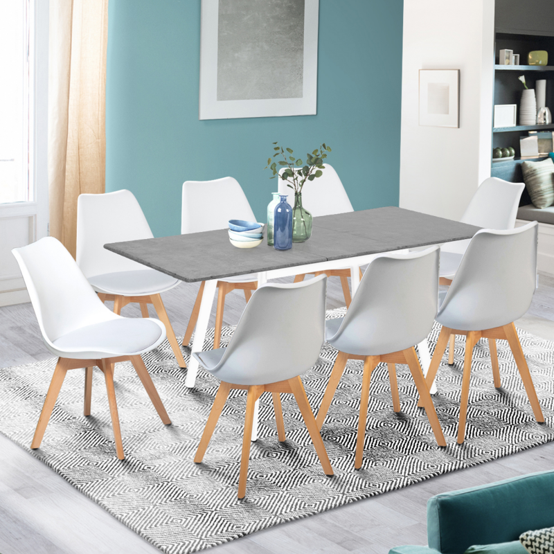 Ensemble table à manger extensible INGA 160-200 cm et 6 chaises SARA  blanches design scandinave