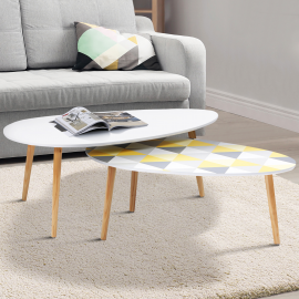 Lot de 2 tables basses gigognes GIGI laquées blanc motifs blanc jaune gris Lot de 2 tables basses gigognes GIGI laquées blanc motifs blanc jaune gris