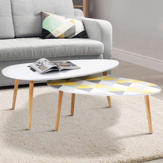 Lot de 2 tables basses gigognes GIGI laquées blanc motifs blanc jaune gris