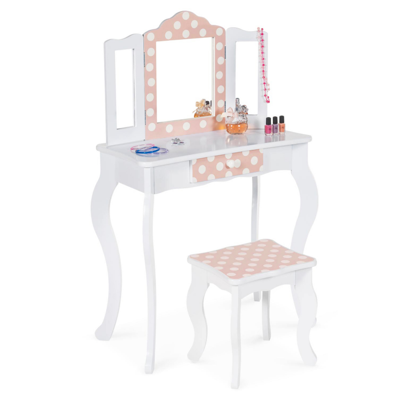 Coiffeuse enfant pas cher blanche et rose avec tabouret - ROZA