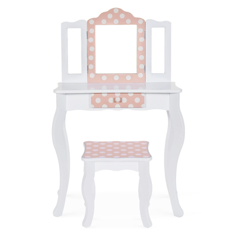 Coiffeuse enfant pas cher blanche et rose avec tabouret - ROZA