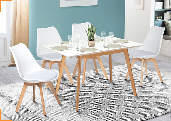 1 TABLE SCANDINAVE EXTENSIBLE INGA 120 160 CM BLANCHE + 1 LOT DE 4 CHAISES SARA BLANCHES