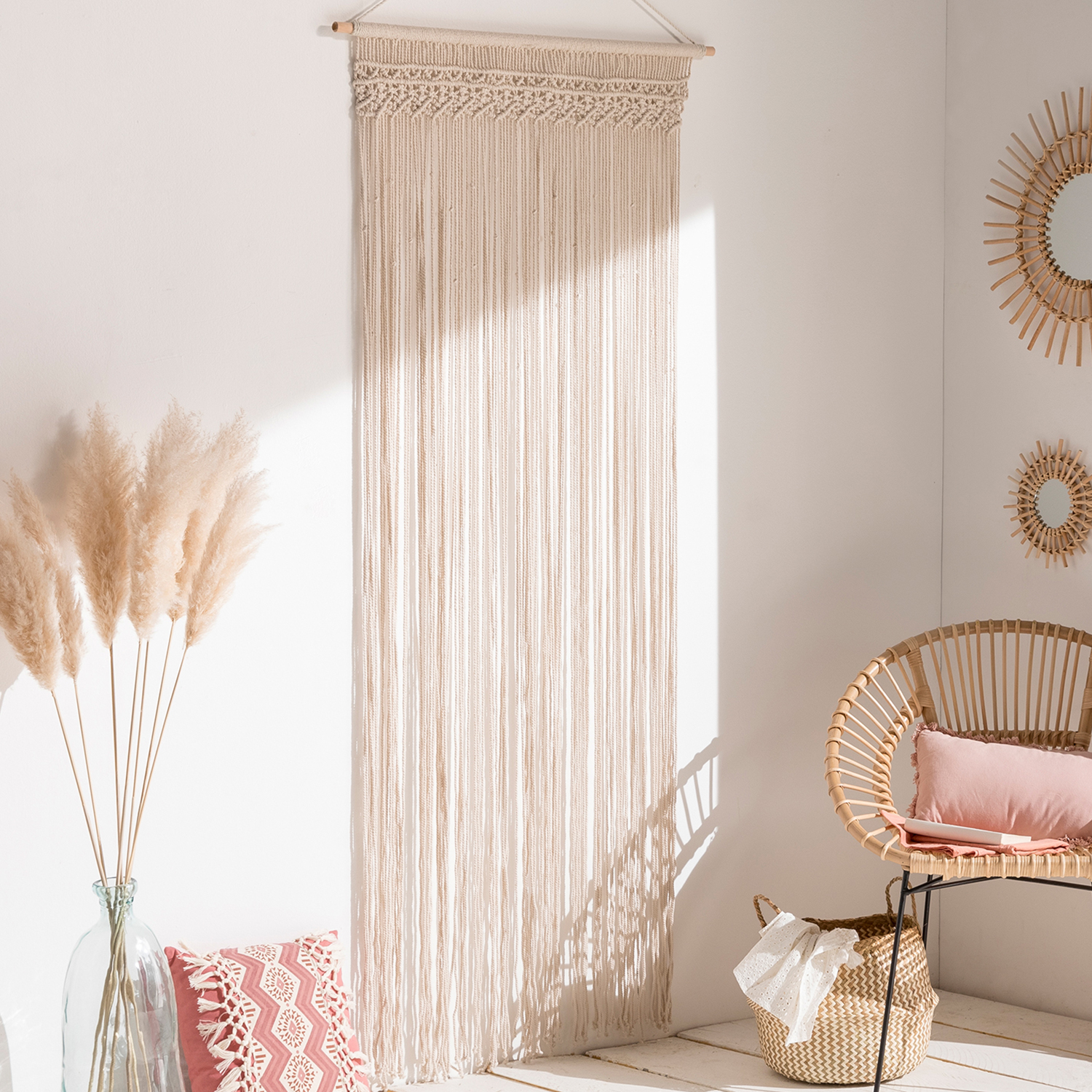 Rideau bohème beige en macramé