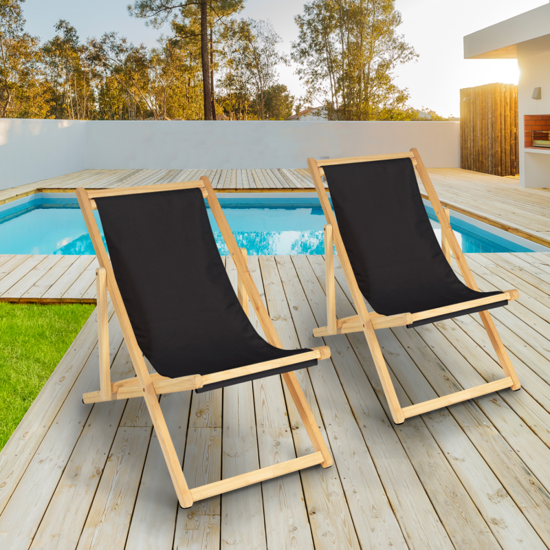 Chaises longues pliantes pas cher bois et toile noire Lot de 2 ID Market