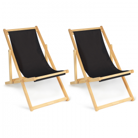 Lot de 2 chaises longues pliantes en bois toile noire Lot de 2 chaises longues pliantes en bois toile noire