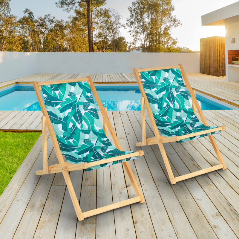 Chaises longues pliantes pas cher bois et toile motif tropical  Lot de